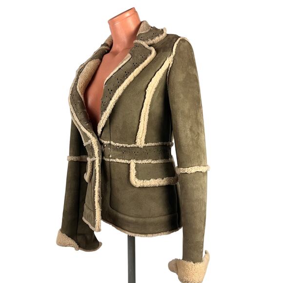 Y2K Shearling Sheepskin Fur Leather Blazer Jacket XS-S Mos - Picture 4 of 14